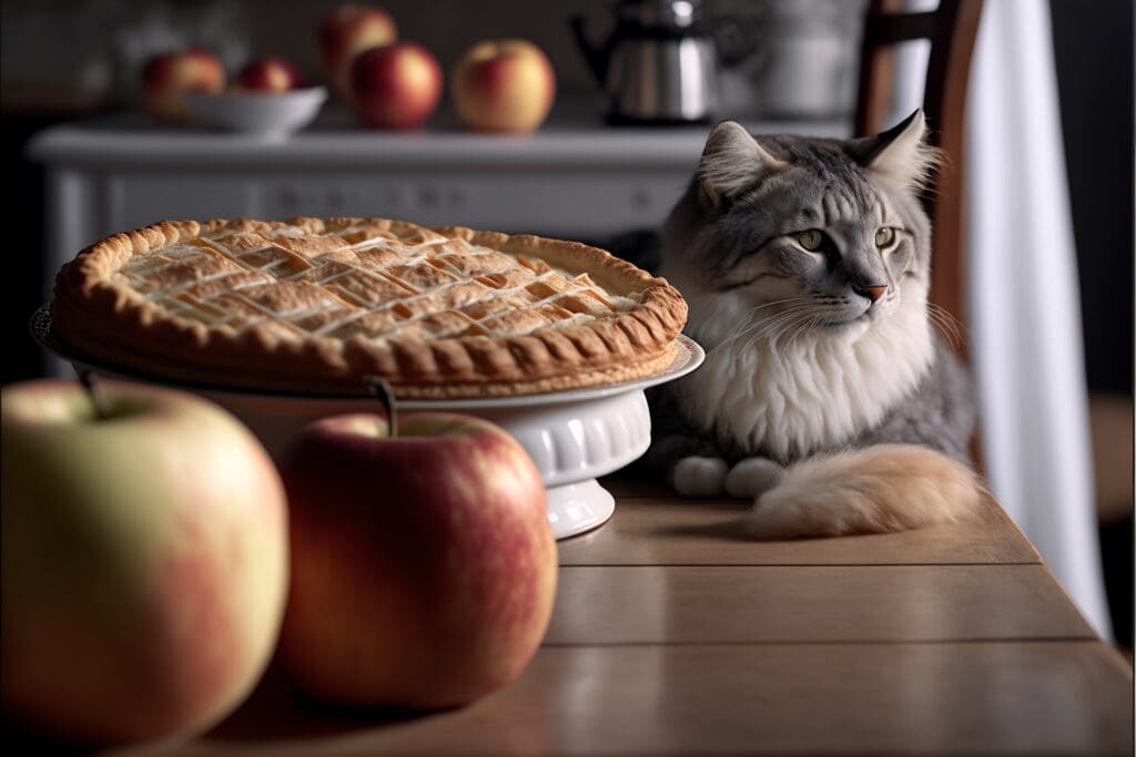 cat next to apples and apple pie