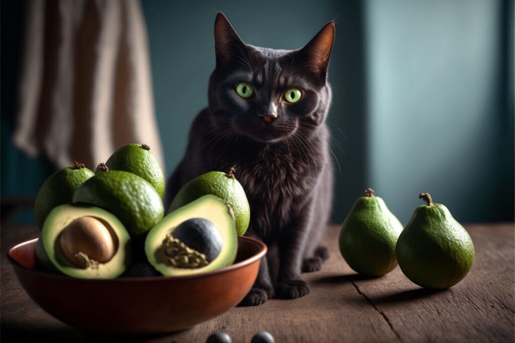 cat next to a bowl of sliced avocados and whole avocados