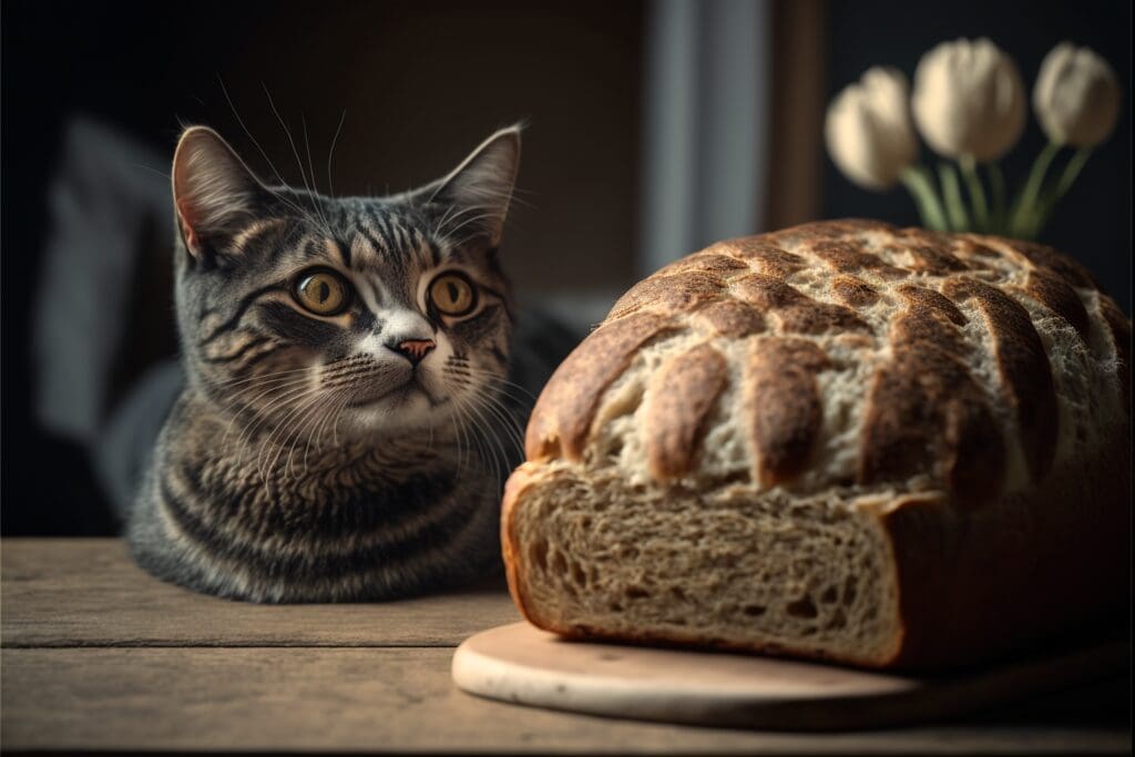 cat next to loaf of bread