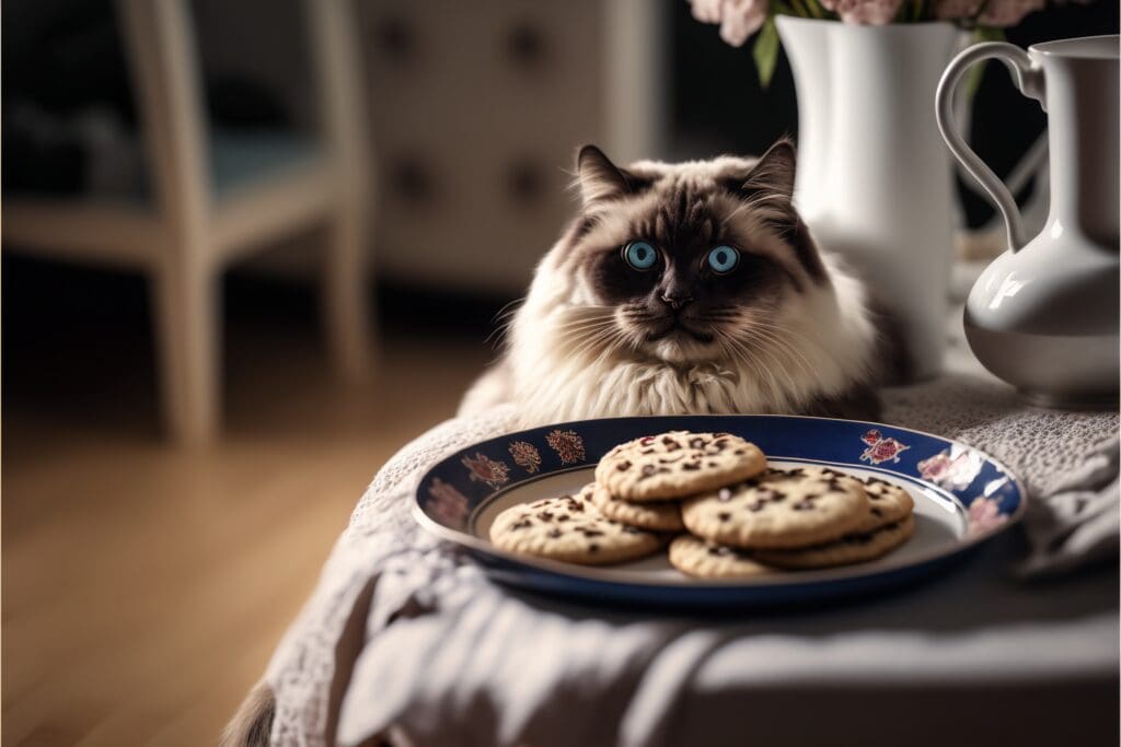 cat with a plat of cookies
