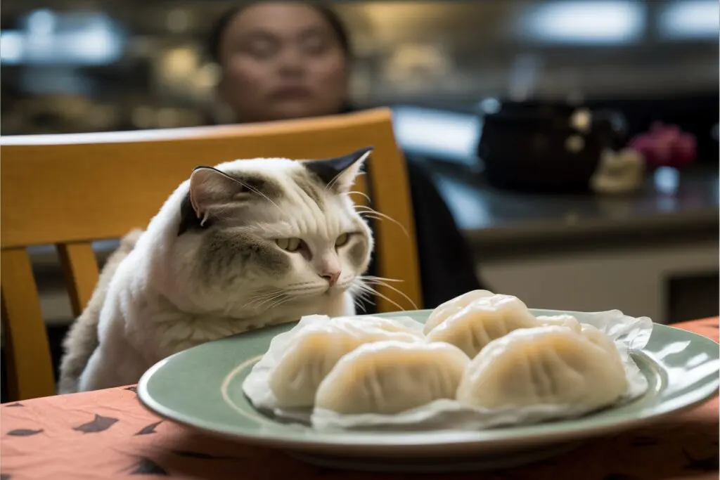 cat looking at a plate of dumplings in a Chinese restaurant