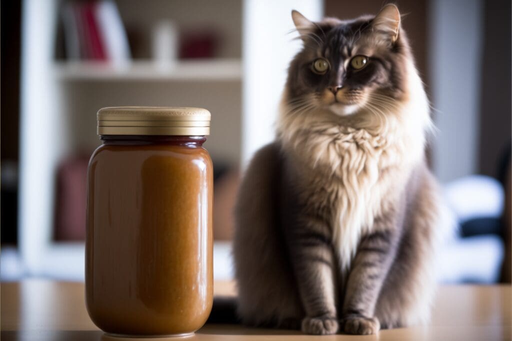 cat with a jar of peanut butter