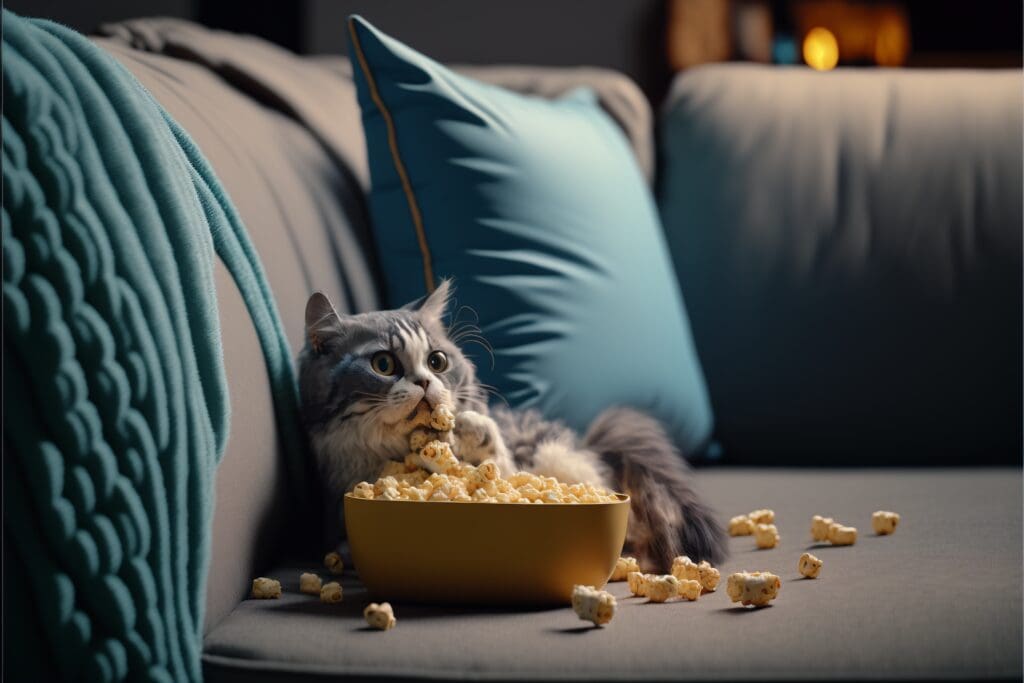 cat and bowl of popcorn on couch