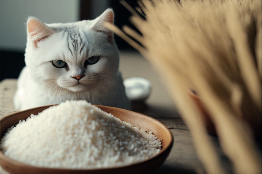 cat in front of a pile of rice grains