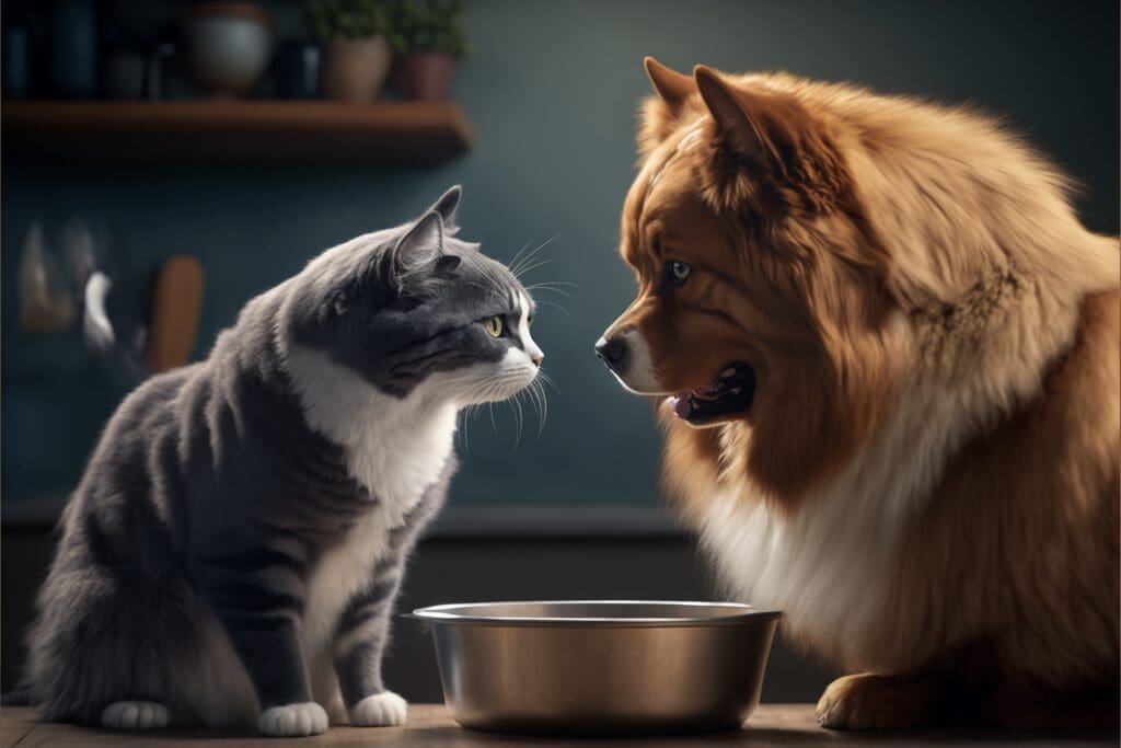 cat and dog staring at each other over dog food