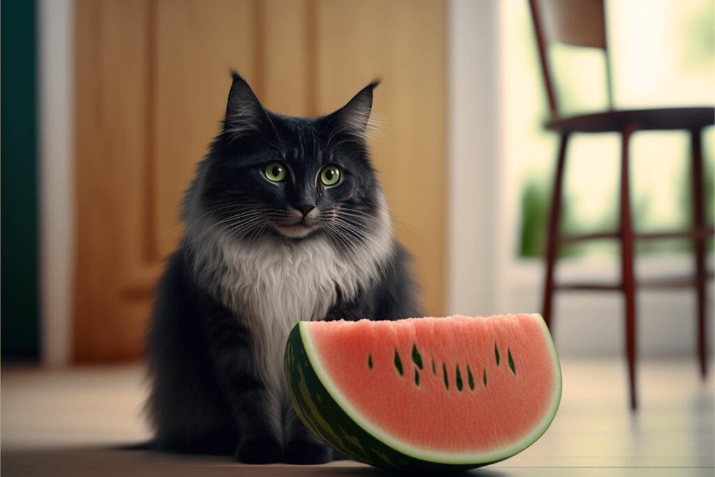 cat next to a slice of watermelon