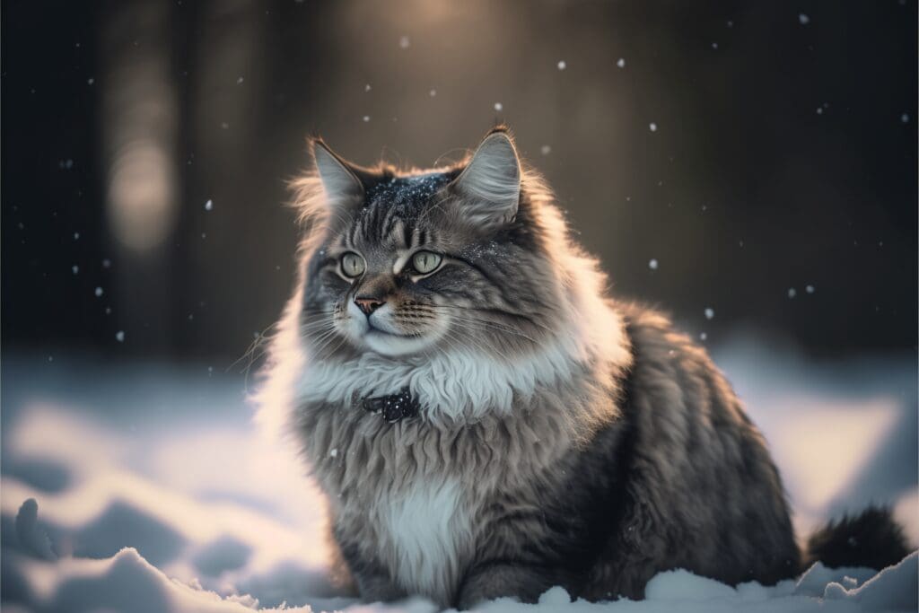 furry cat nestled in snow