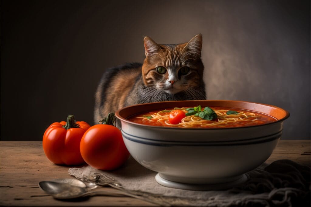 cat and bowl of tomato soup