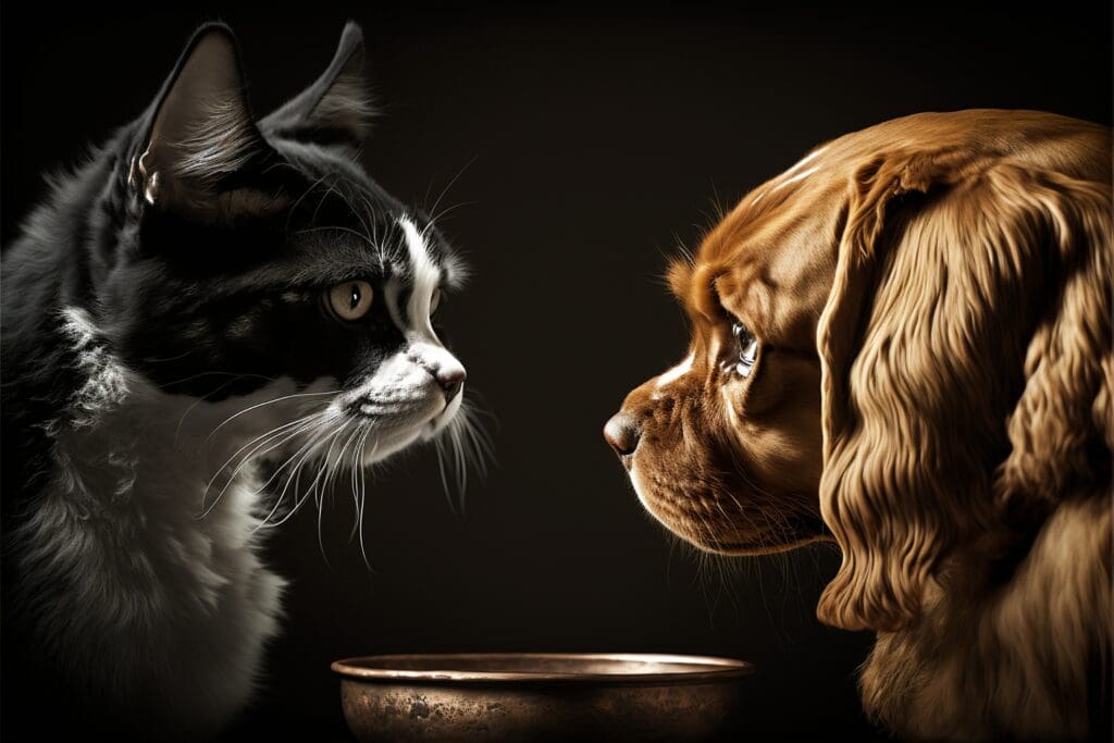 cat and dog stare down over food