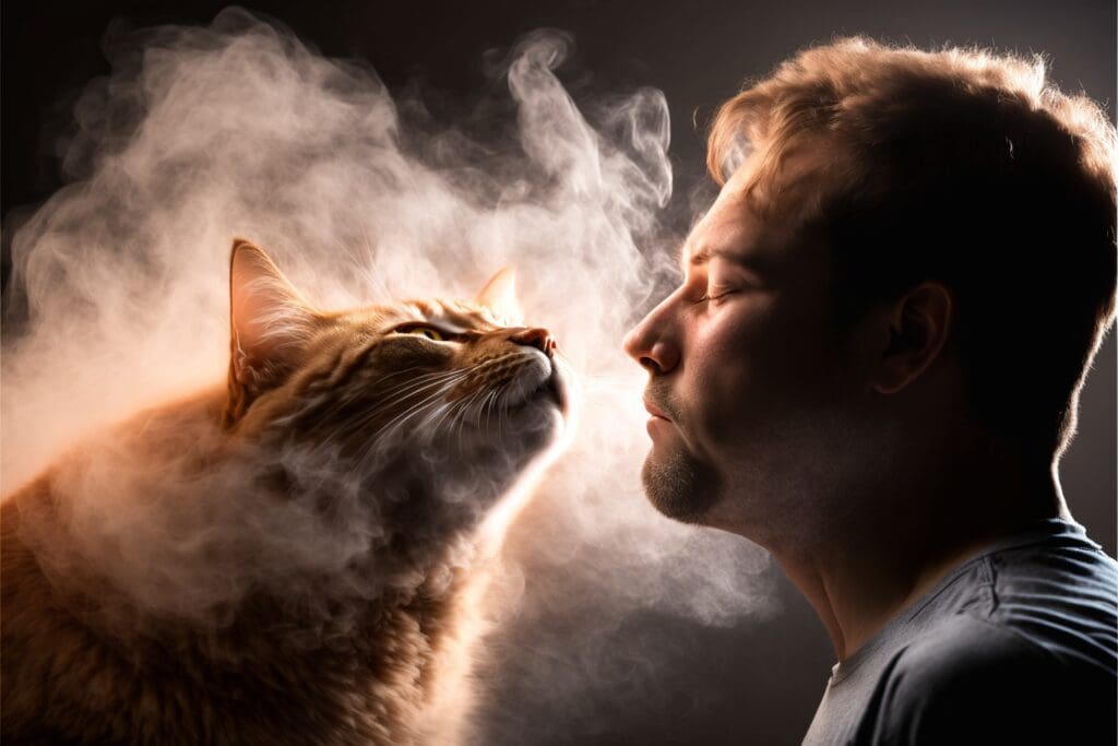 cat and owner smelling a fart together