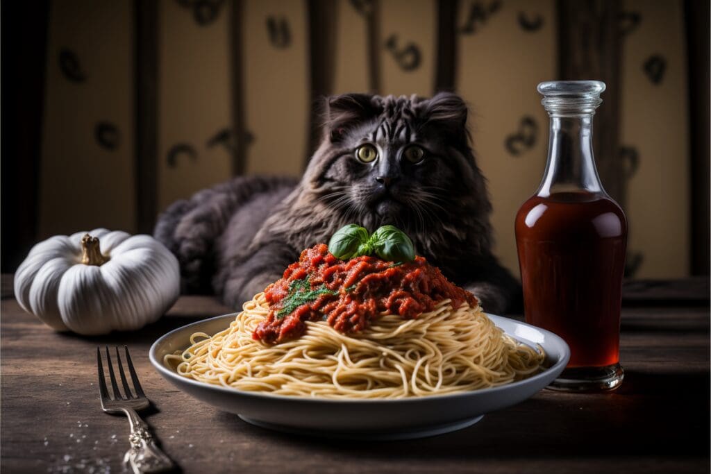 cat and pasta sauce spaghetti