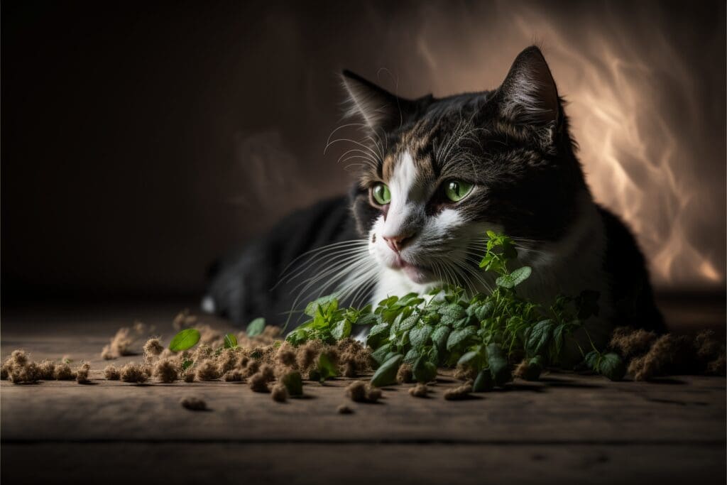 A cat is lying on a wooden table. The cat is black, white, and brown. It is looking at a pile of catnip. The catnip is green and has small white flowers.