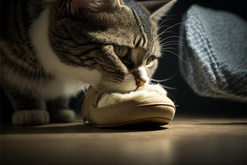 cat chewing slipper