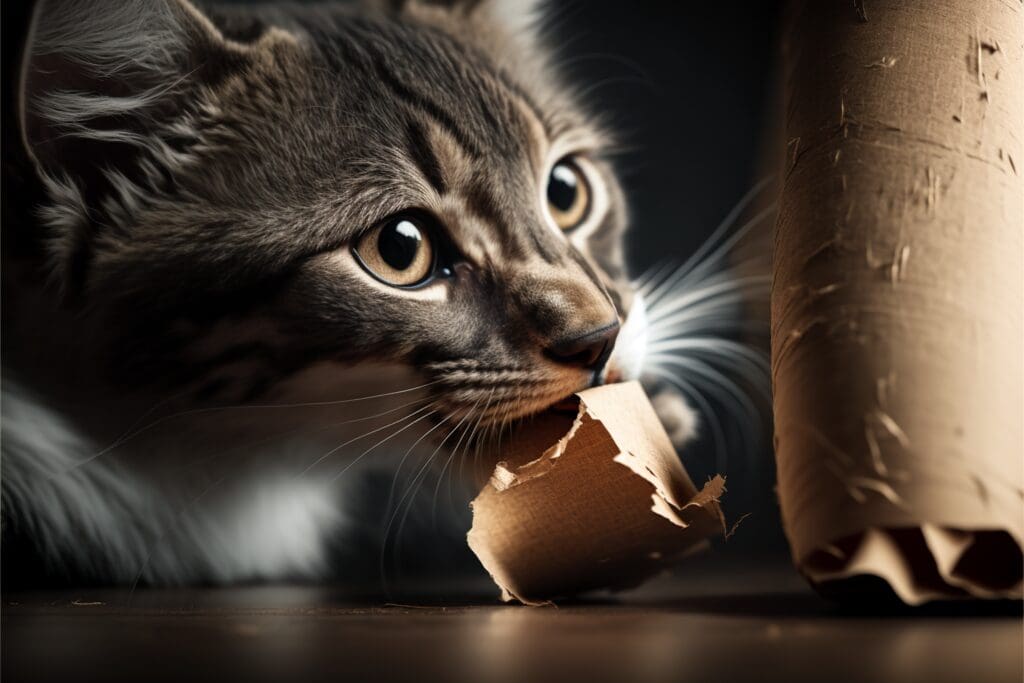 cat chewing cardboard