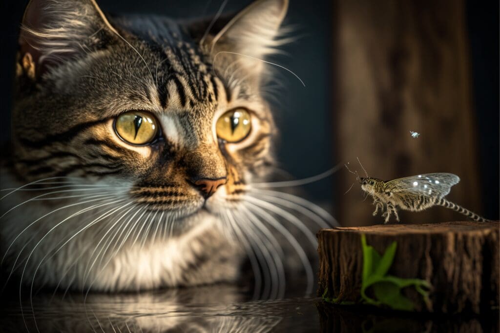 A cat is sitting on a table, looking at a cricket on a piece of wood. The cat is brown and white, with green eyes. The cricket is black and brown, with long antennae. The table is made of wood, and there is a glass of water on it. The background is blurry, and there is a reflection of the cat and the cricket in the glass of water.