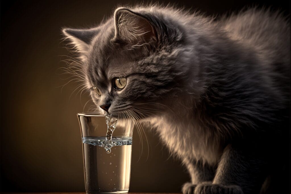 cat drinking from a glass of water