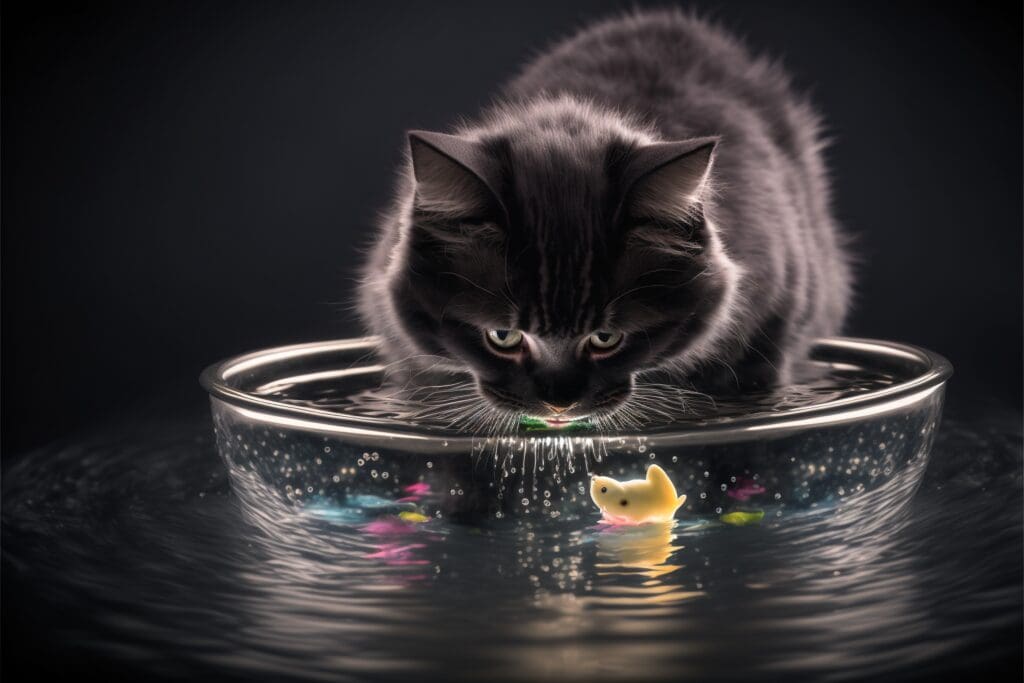cat dropping toy in water bowl