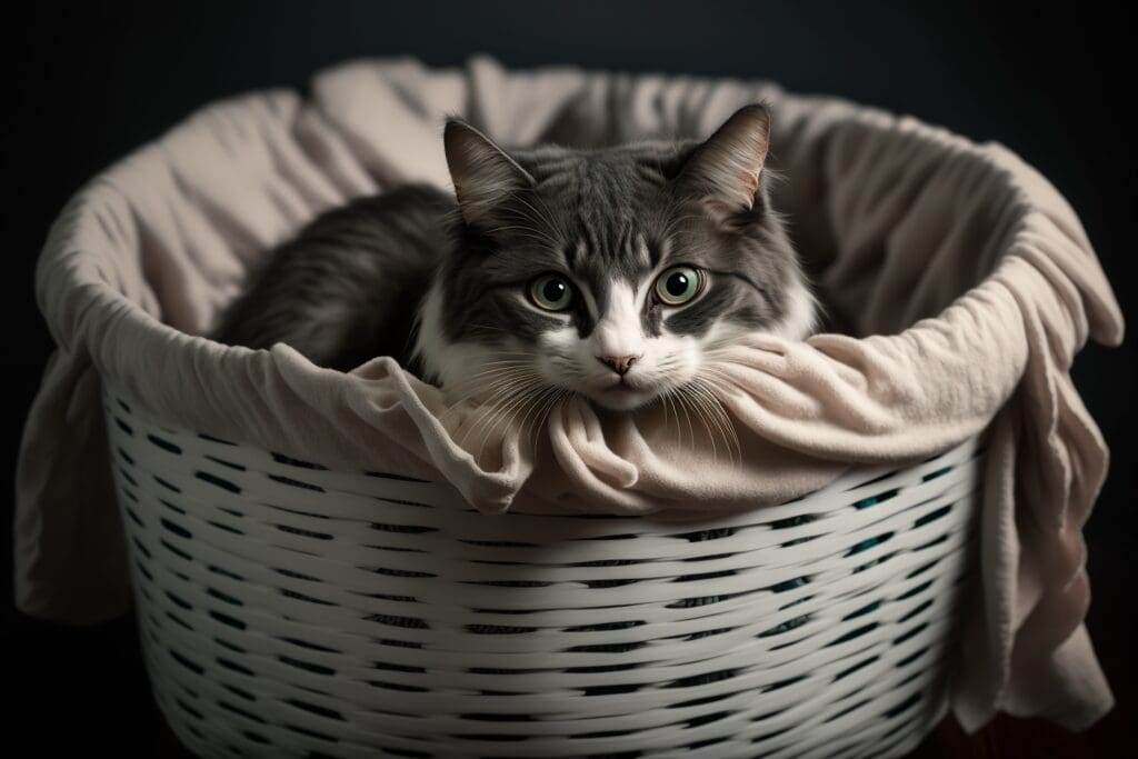 cat inside laundry basket