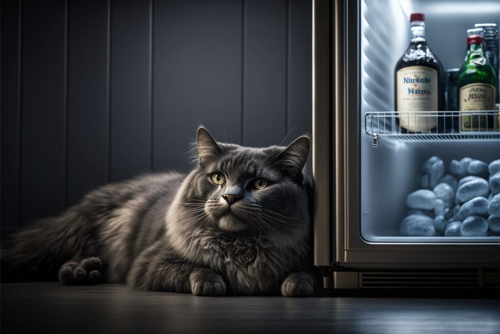 cat next to open refrigerator
