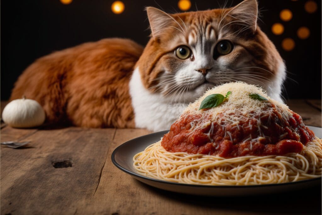 cat plate of meatball spaghetti parmesan cheese