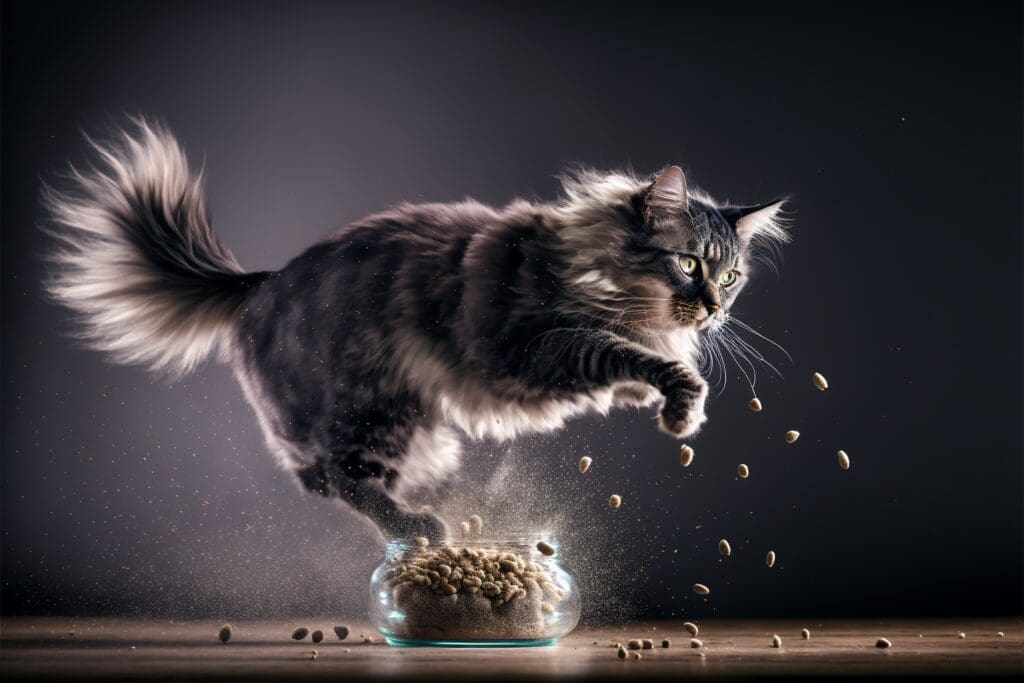 cat scattering cat food all over