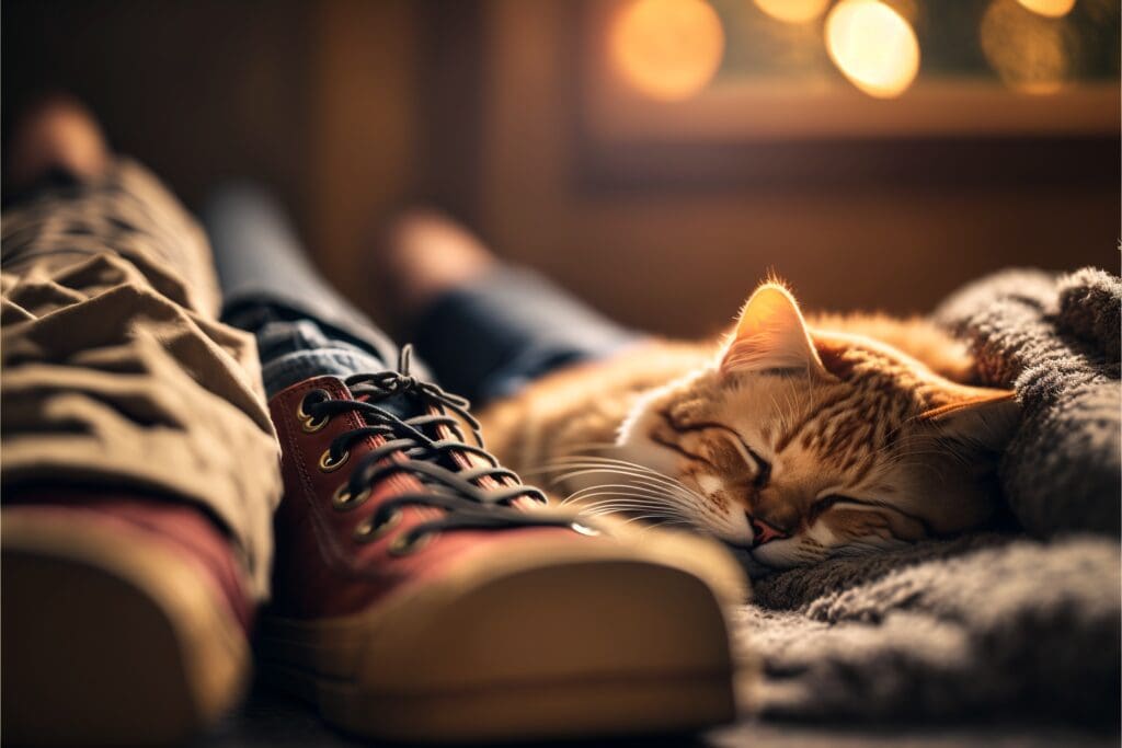 cat sleeping at owners feet