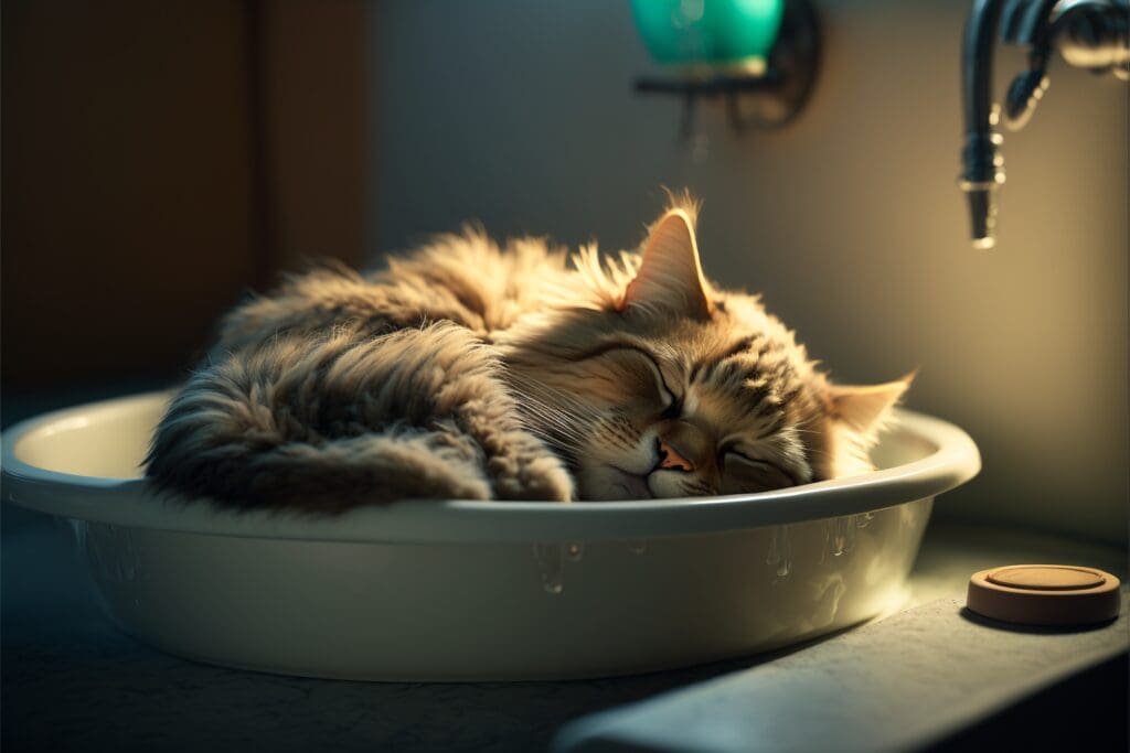 cat sleeping in bathroom sink