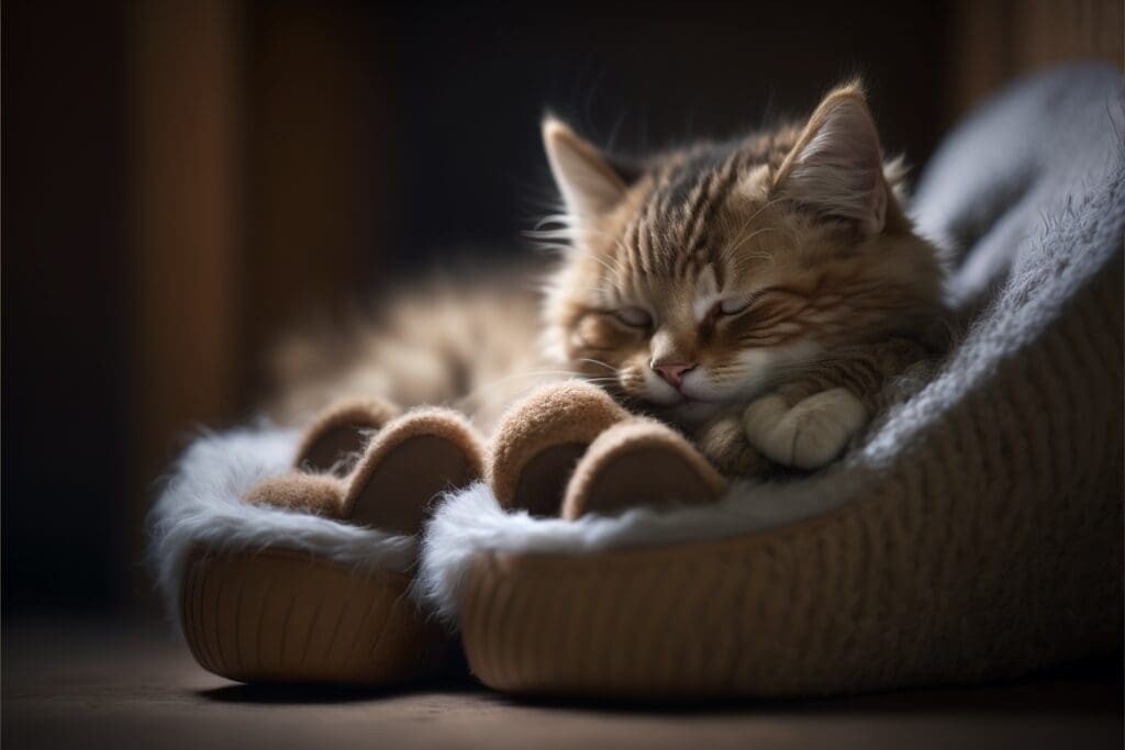 cat sleeping on top slippers