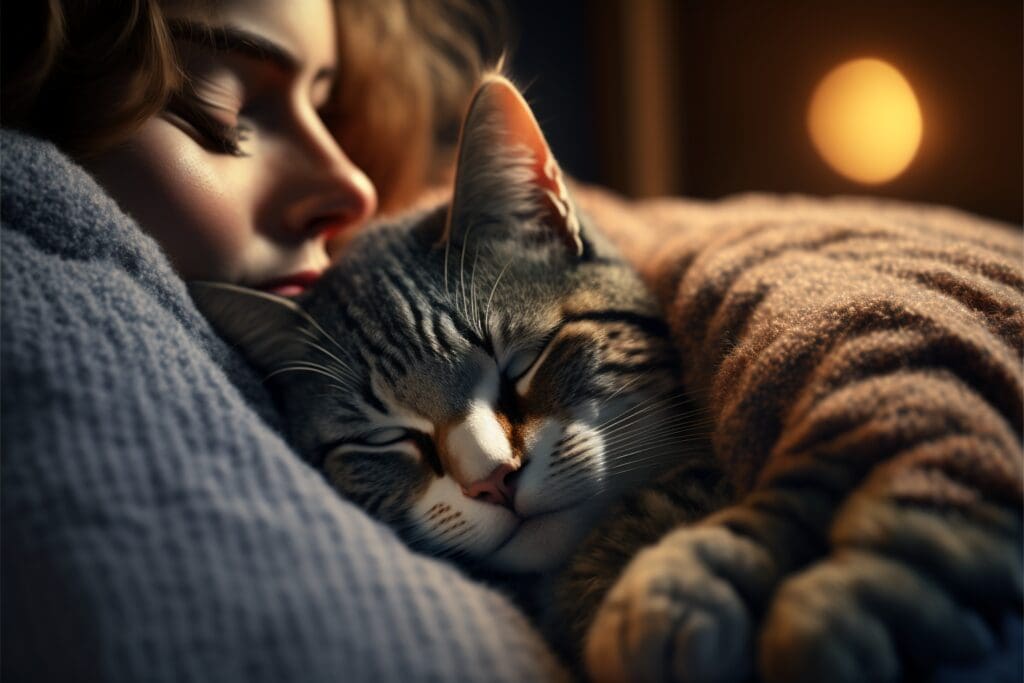 cat sleeping with human
