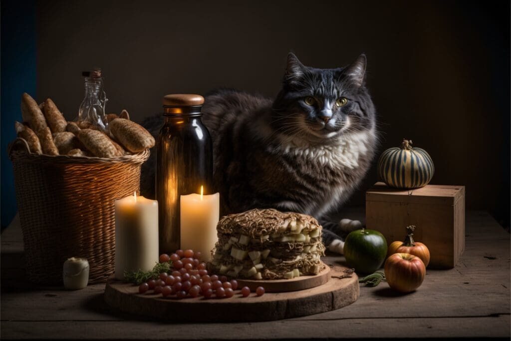 cat surrounded by food