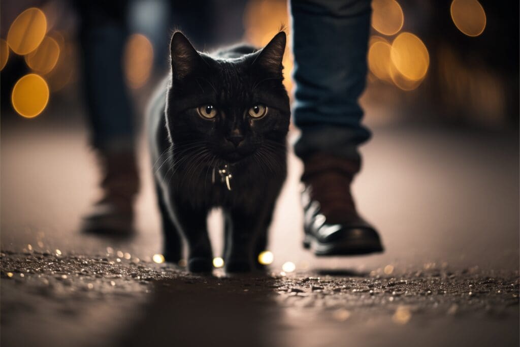 cat walking between legs