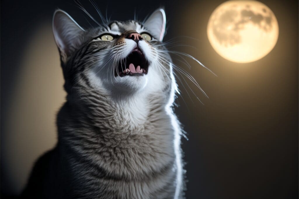 cat yowling with full moon background