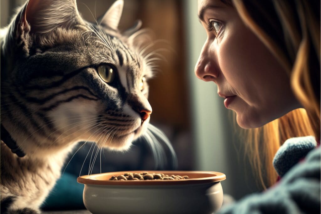 A woman and her cat are looking at each other. The cat is sitting on the table, the woman is sitting across from him. The cat has a bowl of food in front of him.
