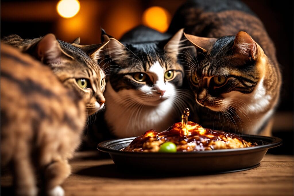three cats looking at teriyaki sauce chicken dish