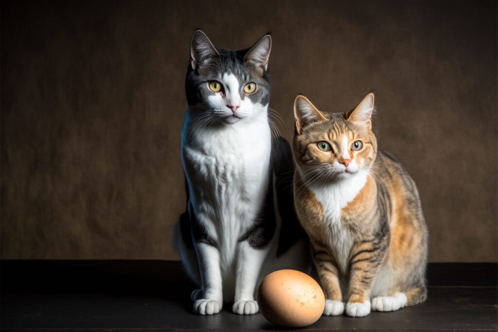 two cats a duck and duck eggs