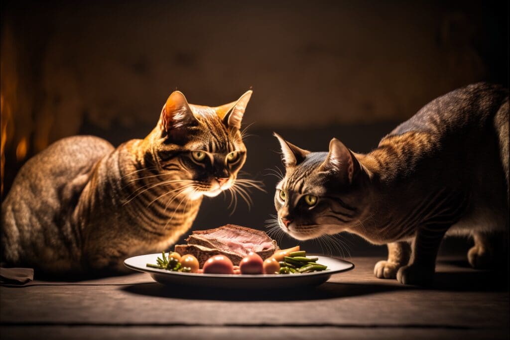 two cats looking at beef liver dish