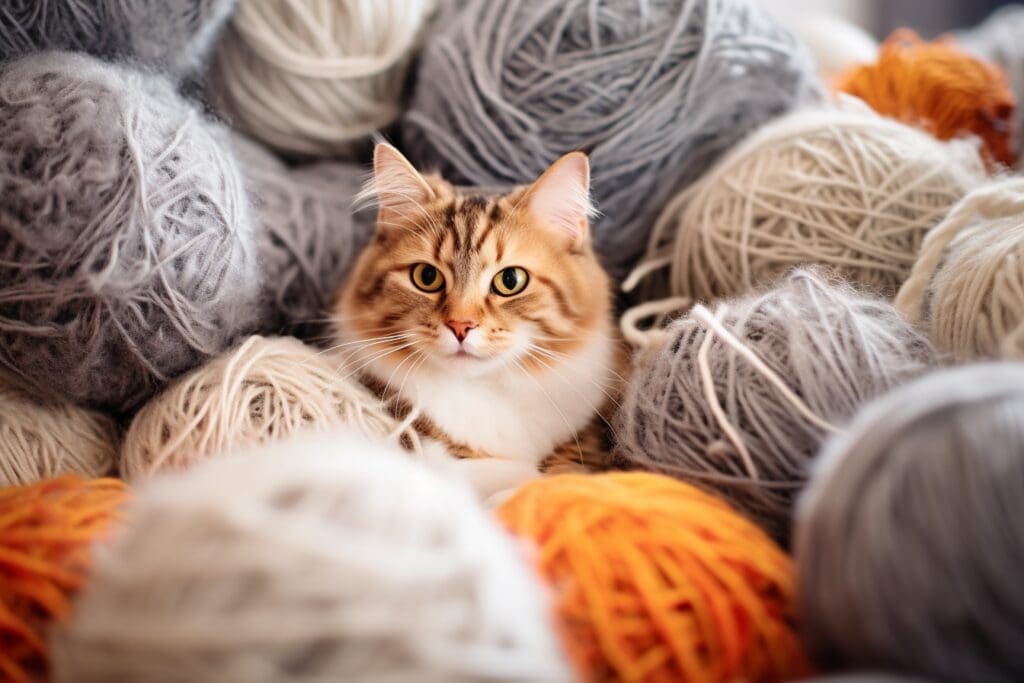 cat and balls of yarn
