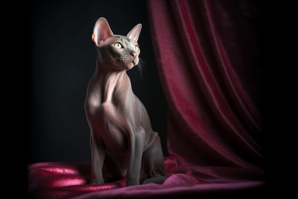 A hairless Sphynx cat sits on a red cloth and looks away from the camera.