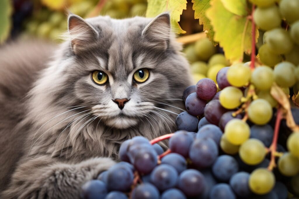 A gray cat with yellow eyes is sitting in a lush green vineyard. The cat is looking at the camera with a curious expression.