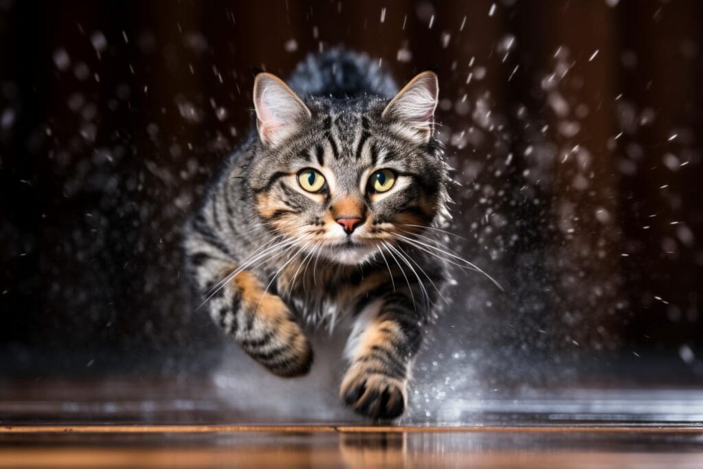 A wet cat with wide yellow eyes is running towards the camera with water droplets flying off its fur.