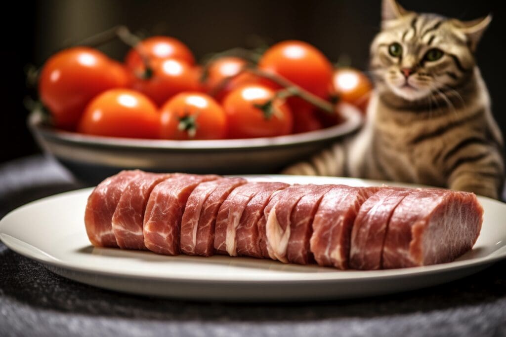 A plate of raw meat sits on a table. A cat sits in the background.
