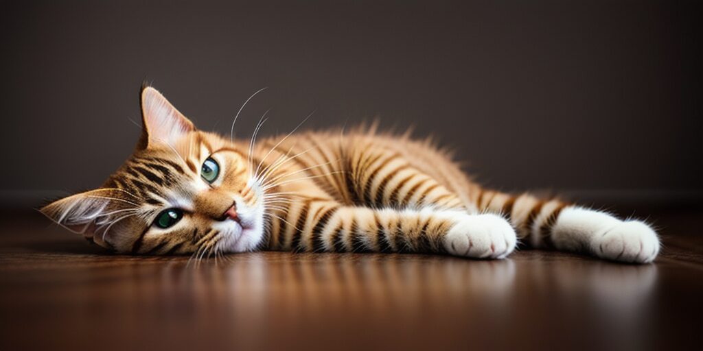 A ginger cat with white paws and green eyes is lying on a wooden floor. The cat is looking at the camera with a curious expression.