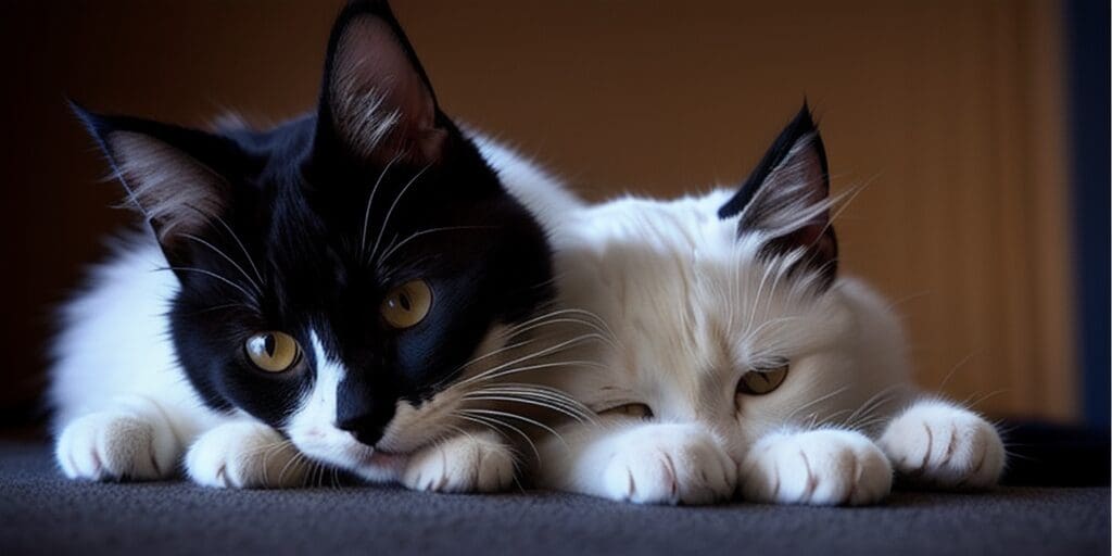 A black and white cat and a white cat are lying on a gray surface. The black and white cat is on the left and has its head turned towards the white cat. The white cat is on the right and has its eyes closed.