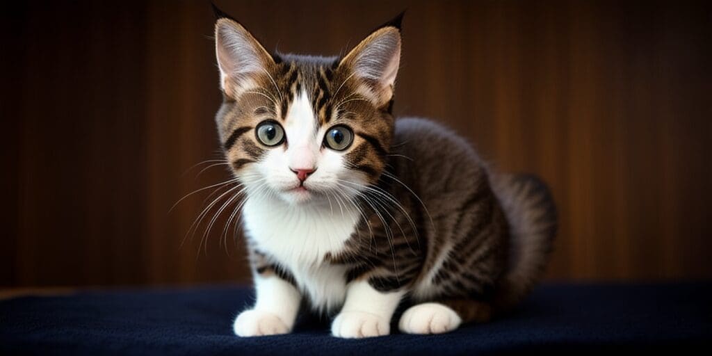 A cute tabby and white kitten sits on a black cloth and looks at the camera with wide green eyes.