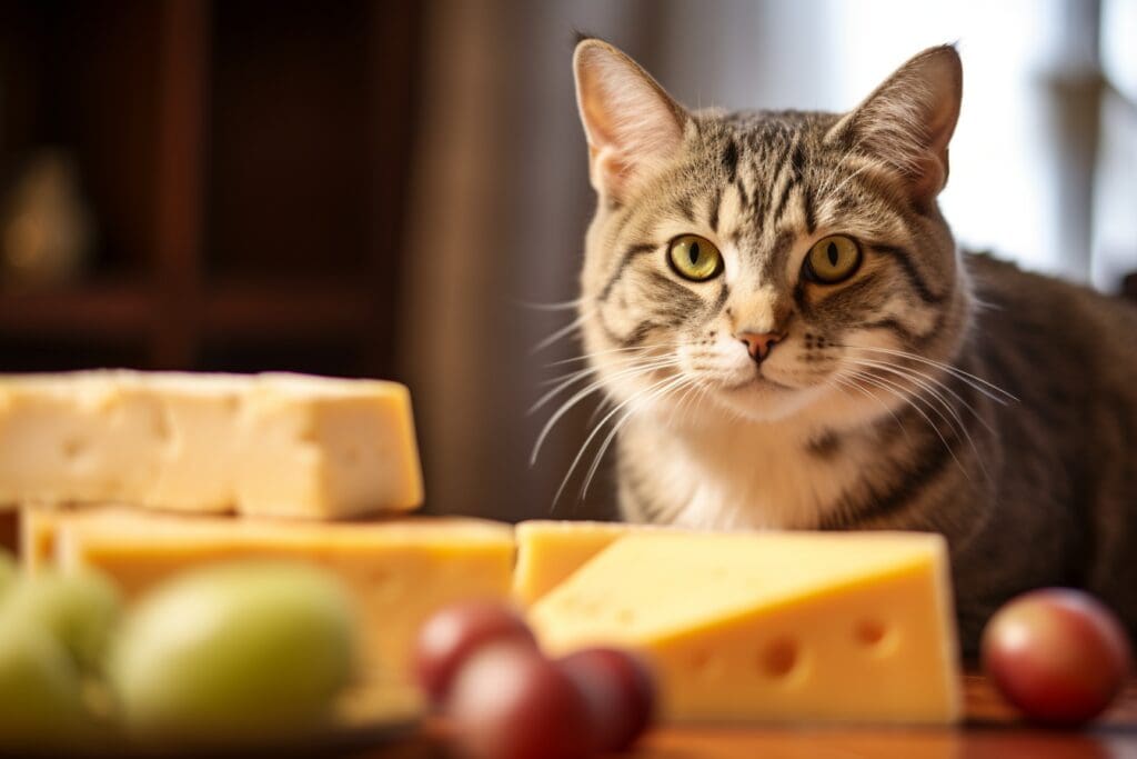 A gray and white cat is sitting on a table with a variety of cheeses and grapes. The cat is looking at the camera with a curious expression.