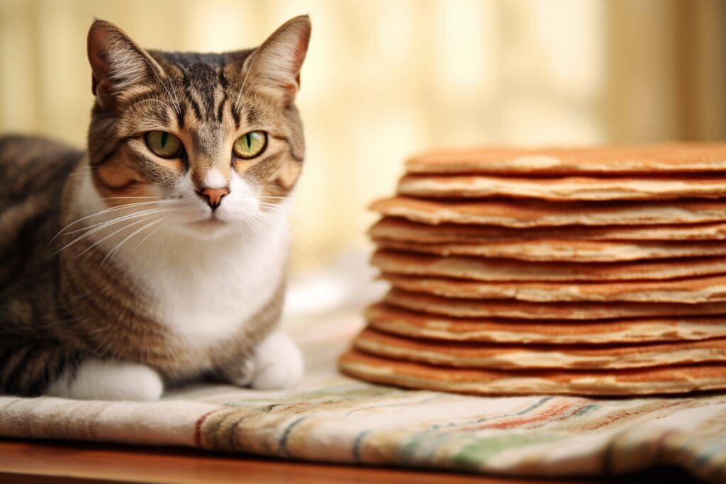 A cat is sitting on a table next to a tall stack of pancakes. The cat has a curious look on its face.