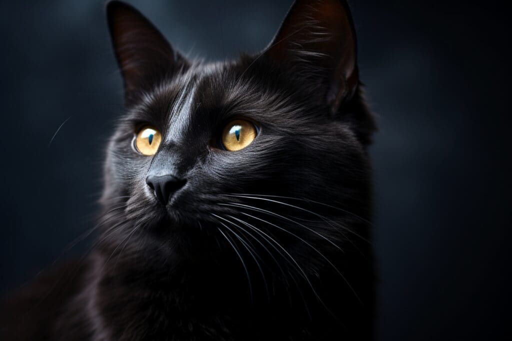 A black cat with yellow eyes is looking to the right of the frame. The cat is in focus and the background is blurred.