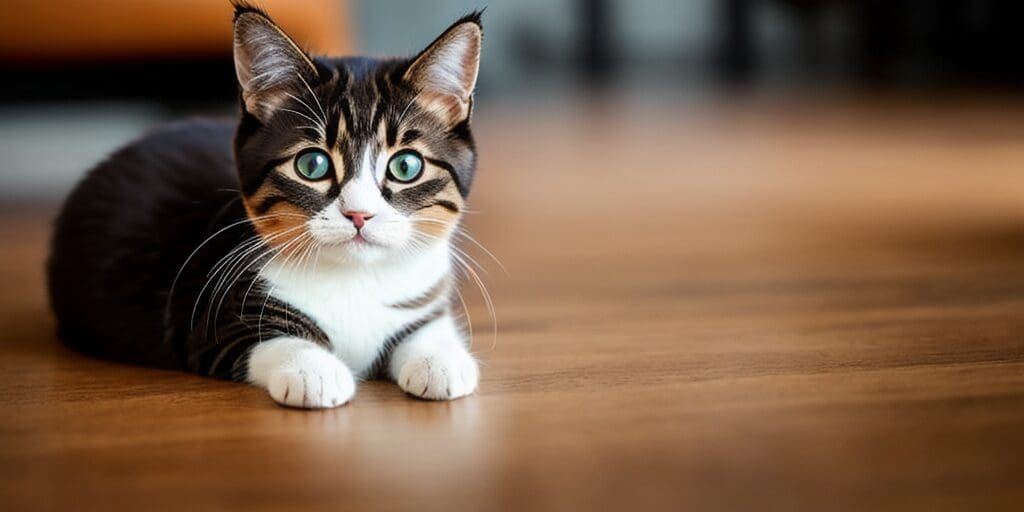 A small, multi-colored cat is lying on a wooden floor. The cat has green eyes and is looking at the camera.