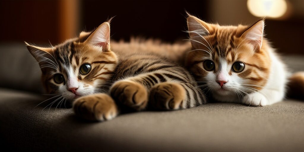 Two cute cats are lying on a brown sofa, looking at the camera. The cats are both tabby, one with orange and white fur, and the other with brown and white fur.