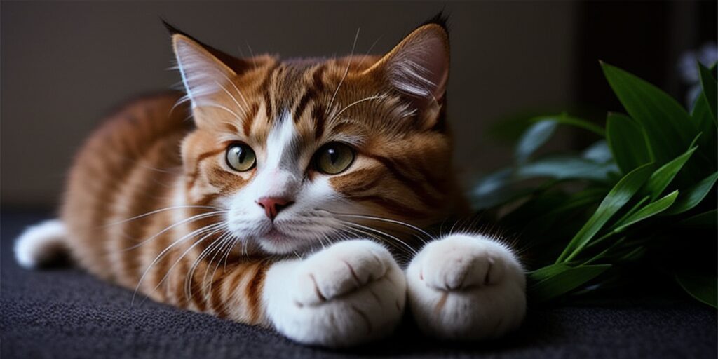 A ginger and white cat is lying on a gray blanket. The cat has its paws in front of him and is looking at the camera. There is a green plant to the right of the cat.